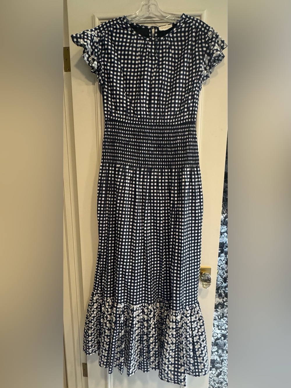 Banjanan Navy and White Gingham Maxi Dress with Ruffle Hem